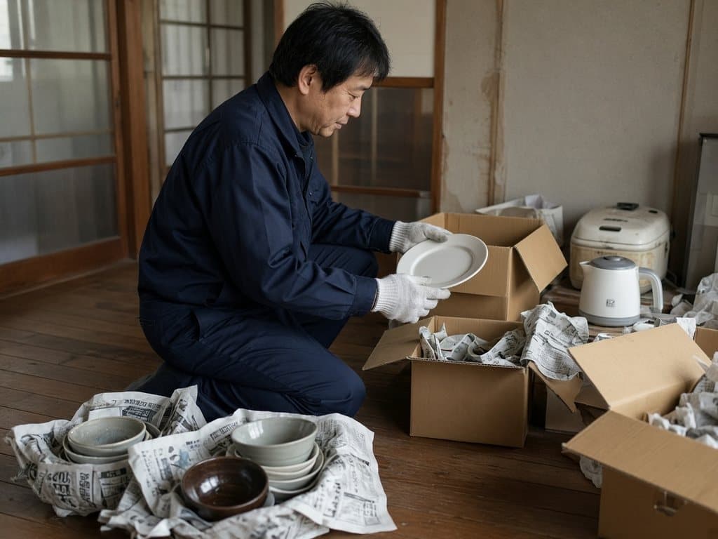 スタッフが段ボールの横で食器を一枚ずつ確認している様子
