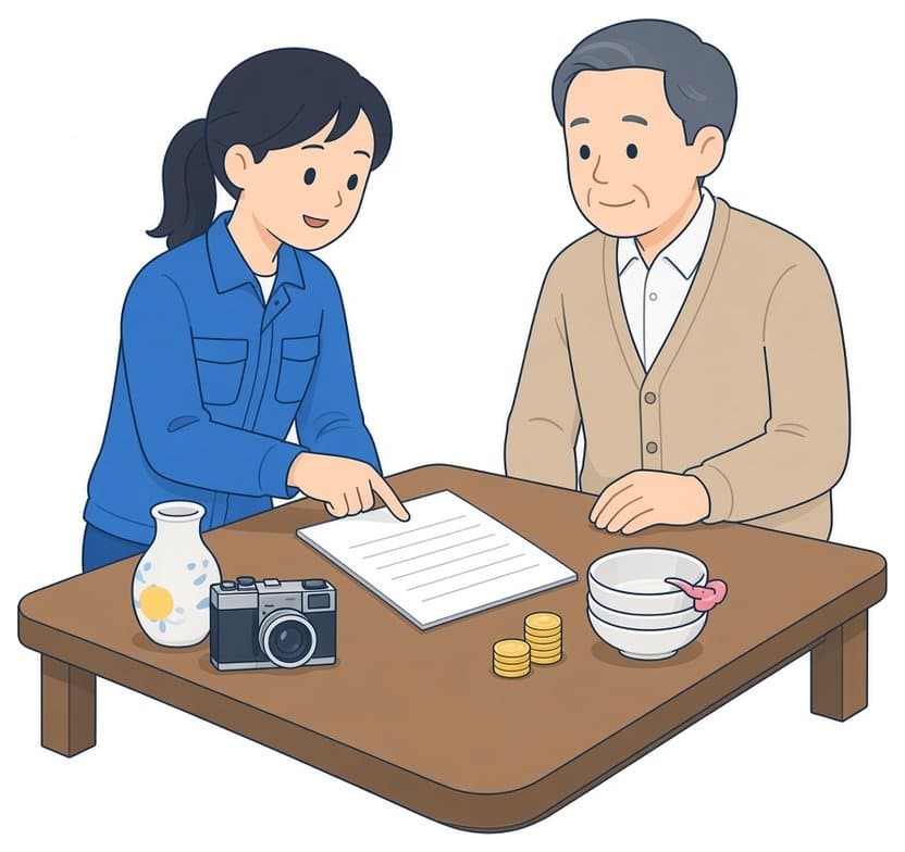 スタッフが買取品を前にお客様へ見積書を説明している様子