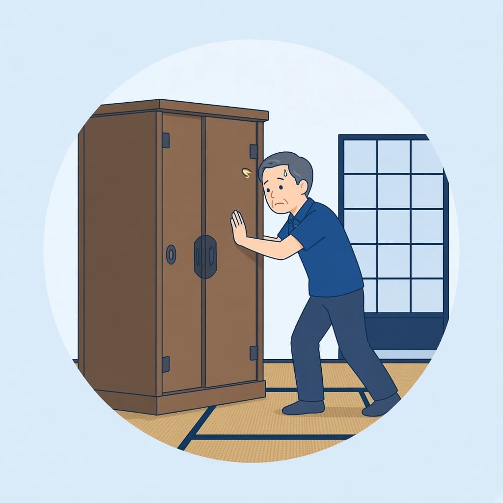 大きな箪笥を一人で押しても動かせない男性