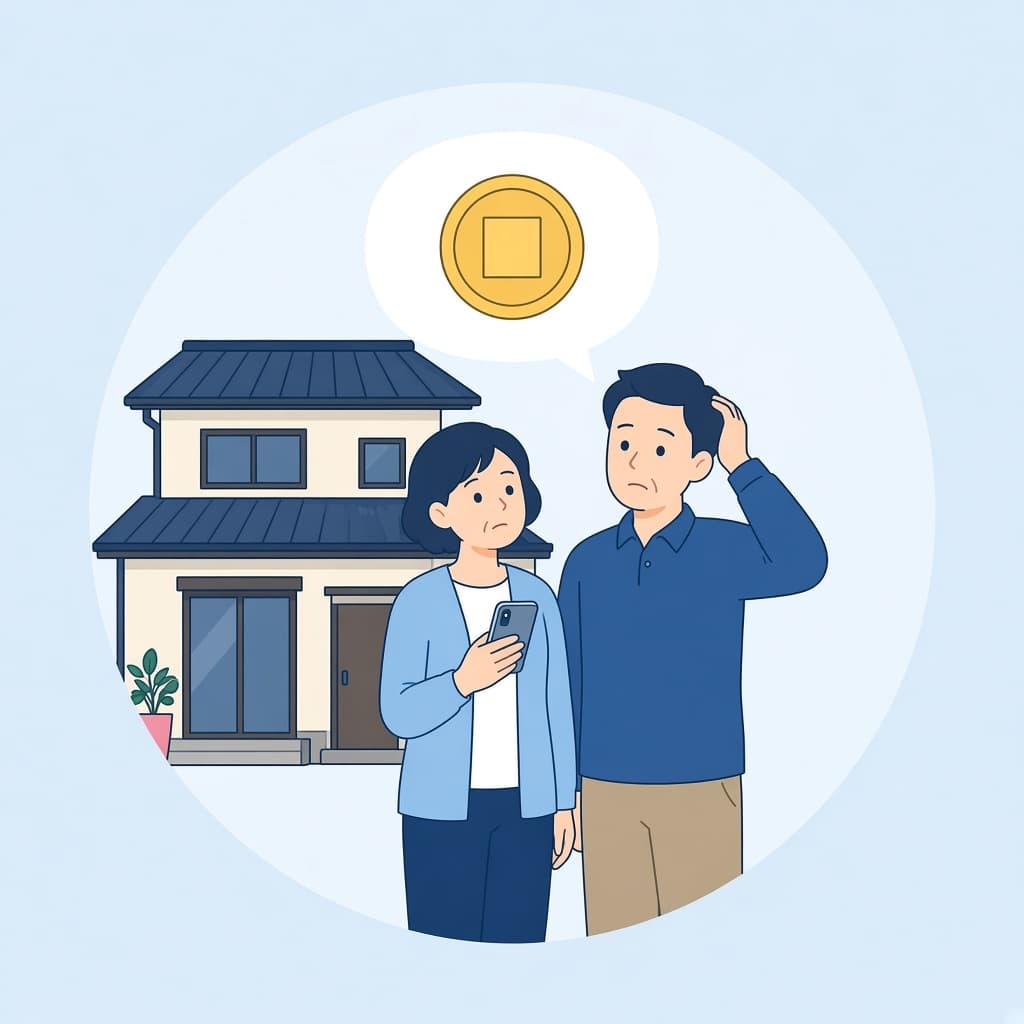 実家の前で費用が分からず悩む夫婦
